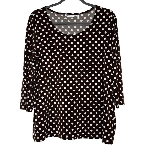 Susan Graver Tops - Susan Graver Womens Liquid Knit Brown Polka Dot 3/4 Sleeve Popover Blouse Sz L